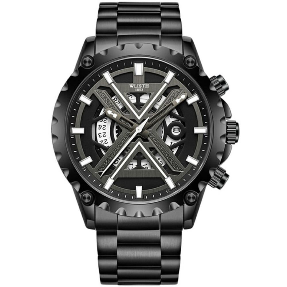 WLISTH 6191 MEN'S BLACK LUMINOUS QUARTZ WATCH – HOLLOW DIAL – STEEL BAND